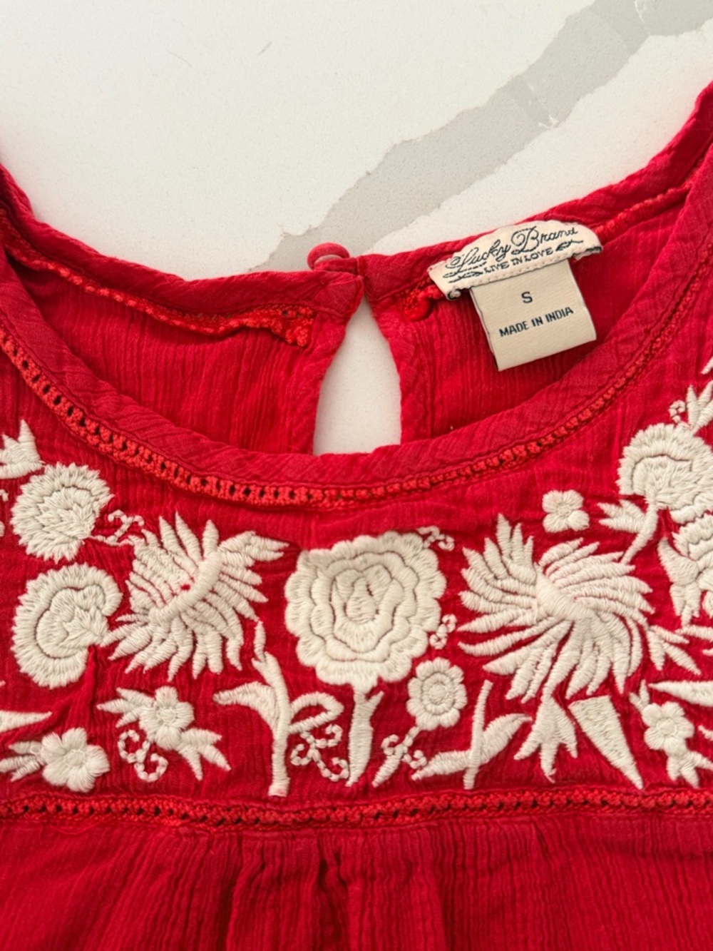 Lucky Brand Red Embroidered Cotton Tunic Top